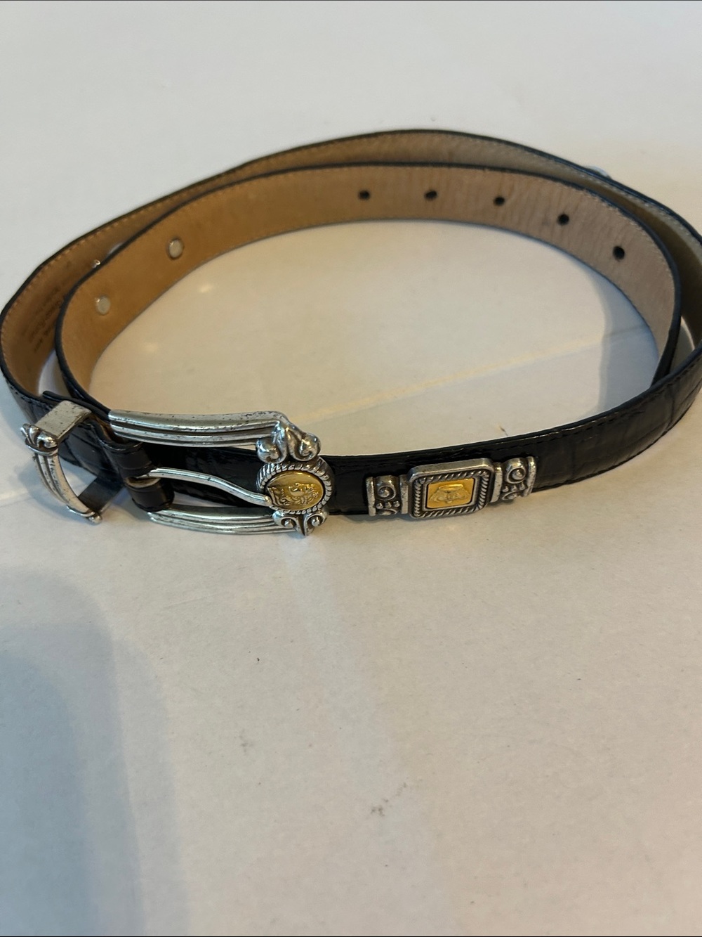 BRIGHTON MUSEUM COLLECTION VINTAGE BLACK CROCODILE EMBOSSED LEATHER BELT SZ S